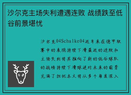 沙尔克主场失利遭遇连败 战绩跌至低谷前景堪忧