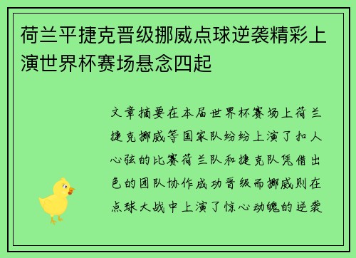 荷兰平捷克晋级挪威点球逆袭精彩上演世界杯赛场悬念四起