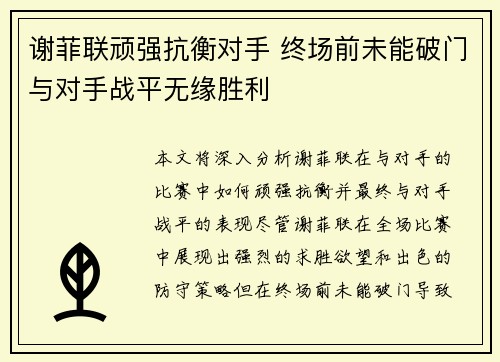 谢菲联顽强抗衡对手 终场前未能破门与对手战平无缘胜利