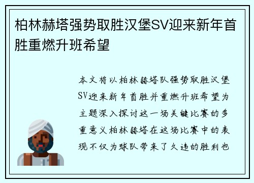 柏林赫塔强势取胜汉堡SV迎来新年首胜重燃升班希望
