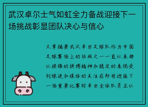 武汉卓尔士气如虹全力备战迎接下一场挑战彰显团队决心与信心