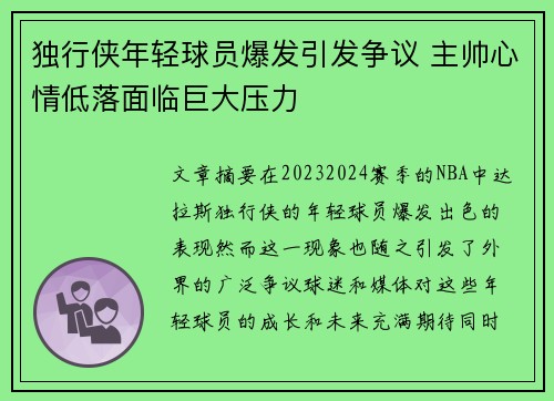 独行侠年轻球员爆发引发争议 主帅心情低落面临巨大压力