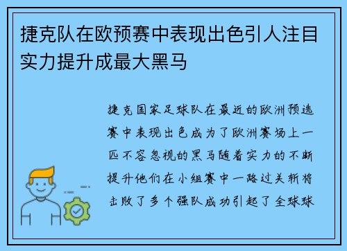 捷克队在欧预赛中表现出色引人注目实力提升成最大黑马