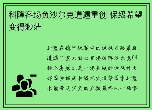科隆客场负沙尔克遭遇重创 保级希望变得渺茫