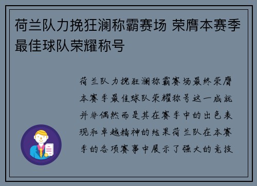 荷兰队力挽狂澜称霸赛场 荣膺本赛季最佳球队荣耀称号