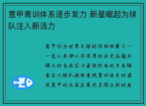 意甲青训体系逐步发力 新星崛起为球队注入新活力